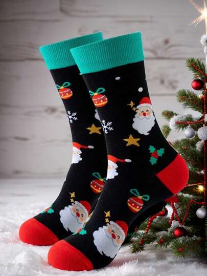 1 par de calcetines creativos con temática navideña para hombres, con diseño de dibujos animados lindos, adecuados tanto para hombres como para mujeres, preferidos como regalos festivos, cómodos y transpirables, fondo negro con elementos rojos y verdes, un gran artículo de regalo, calcetines de otoño