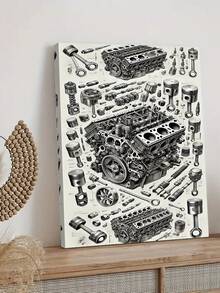 1pc Vintage V8 Engine Explosion Canvas Wall Art, Automotive Theme Wall Decor, Aesthetic Room Decoration, Living Room Art, Mechanical Illustration, Wall Art, Painting, Poster, Suitable For Home, Garage, Office, Studio - Monochrome Detailed Parts Diagram, Frame Optional - Multicolor - View 15