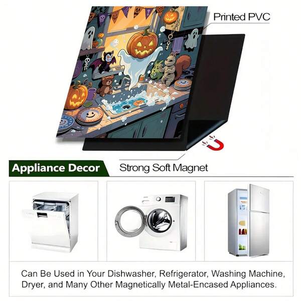 1 pieza Pegatina magnética para lavar platos con estampado de Halloween, resistente al aceite, impermeable, fácil de limpiar, con imán en la parte posterior, adecuada para decorar refrigeradores, lavavajillas, lavadoras y otros muebles y electrodomésticos de carcasa metálica | Material magnético