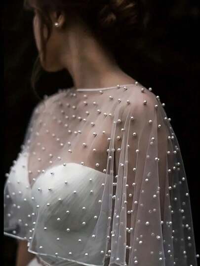 1pc Bridal Shawl, Pearl Chiffon White Shawl, Rhinestone Bow Bridal Shawl, Beaded Lace Bridal Wedding Cape, Suitable For Wedding Dress Matching, Marriage Registration Photo Prop Fall Clothes For Women