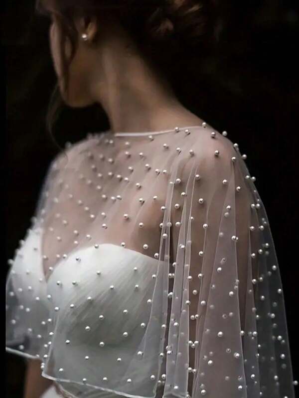 1 pièce Châle de mariée, châle en mousseline de soie blanche avec perles, châle de mariée avec nœud en strass, cape de mariage en dentelle perlée, convient pour assortir avec la robe de mariée, accessoire photo pour l'enregistrement du mariage