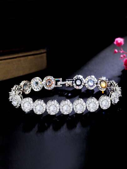 1 pulsera de tenis redonda chapada en plata con circonita cúbica para mujer, joyería nupcial CZ para novias, bodas, fiestas de compromiso, damas de honor, regalo de Navidad