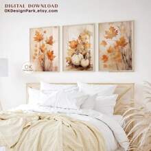 2 PIEZAS/3 PIEZAS Impresiones de decoración de otoño, arte imprimible de hojas de otoño de estilo granja, impresión digital de calabaza de otoño pintura acuarela, arte de pared de otoño