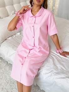 Bata Camisón de dormir a rayas con cuello redondo estampado y bolsillos - vestido de dormir vestido de pijama bata de dormir vestido de dormir camisón con botones - Rosa - Ver 4