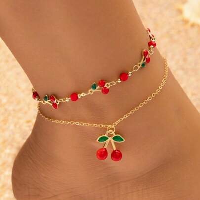 Bộ 2 chiếc vòng chân mặt dây chuyền hình quả anh đào tráng men thanh lịch, trang sức chân ngọt ngào và thời trang, phù hợp để đeo hàng ngày, đi biển, hẹn hò, dự tiệc, làm thủ công, kiểu dây chuyền ngẫu nhiên.