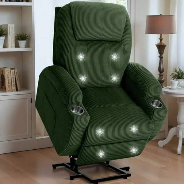 Electric Power Lift Recliner Chair With Massage, Corduroy Recliner With Cup Holders, Side Pockets And Remote Control For Living Room, Bedroom