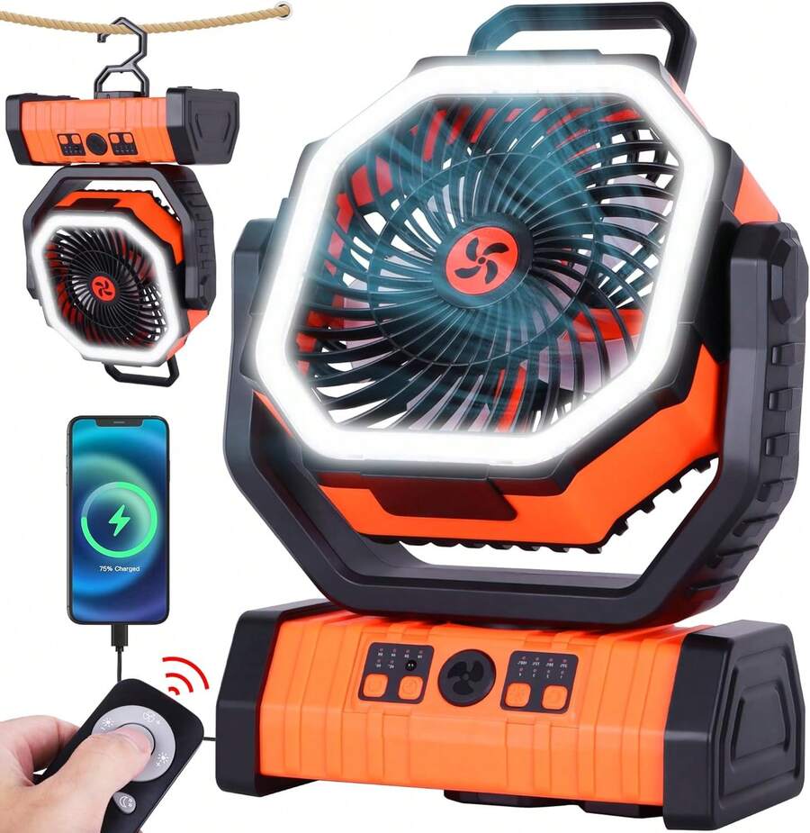 9-Inch Portable Rechargeable Camping Fan, 20000mAh, Battery Operated, 4 Speeds, Auto Oscillation, Cordless, Outdoor, With Remote/Light- Orange
