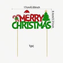 1Pc Merry Christmas Cake Topper Red And Green Glitter Cake Decorations Christmas Theme New Year Holiday Birthday Party Cake Decorations Supplies - Multicolor - View 3