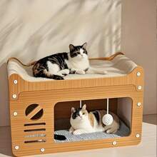 2 en 1 Casa y Rascador para Gatos, 1 Set de Cama de Madera con Rascador para Gatos, Cartón Resistente con Juguetes Colgantes, Cama Multifuncional para Gatos Adecuada para Múltiples Gatos con Zona de Descanso y Zona de Actividad, Estructura Resistente al Rayado, Fácil Montaje, Comodidad para Todas las Estaciones, Regalo Perfecto para Amantes de las Mascotas, Juguetes para Mascotas, Suministros para Mascotas