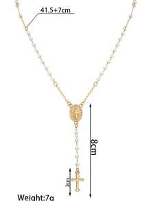 1pc Retro Alloy Cross Pendant, Faux Pearl String, Y-Shaped Chain, Adjustable Ladies' Necklace - Gold - View 5