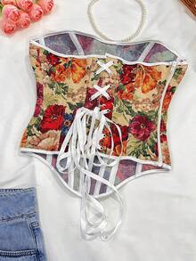 新款露肩束身衣上衣，宫廷风格，复古花卉印花，侧拉链，后背抽绳，塑身腰带 - 多色紅 - 查看 2