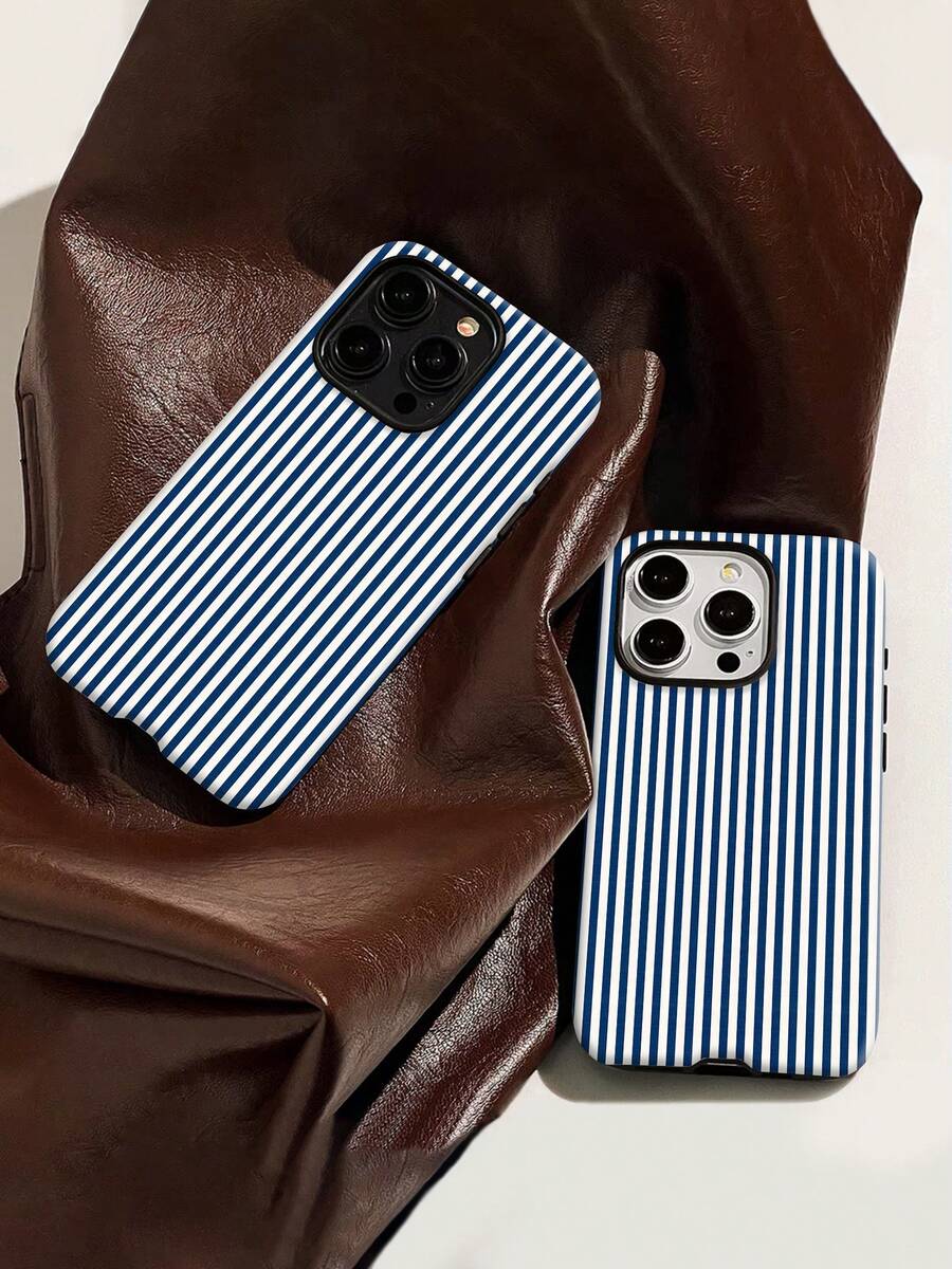 Striped Mobile Phone Case Designed With Navy Blue And White Vertical Lines Suitable For IPhone 16, 15, 14, 13, 12 And 11 Pro Models Made Of TPU Material And Provides Shockproof Protection Perfect For Family Friends Children Birthdays Spring Holidays Boyfriends Girlfriends And Valentine's Day Gifts - 白色LB77 - 查看 1