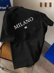 [Sporty T-Shirt]MILANO 96 Print, Men's Crew Neck Short Sleeve T-Shirt, Casual Tops For Men, Men's Comfy Clothing For Daily Wear, Men's Fashion & GiftRelaxed Plus Size T-Shirt - 黑色 - 查看 5