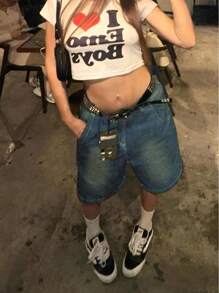 Women Loose Casual Shorts With Back Pocket Printed Design - Retro Blue - View 2