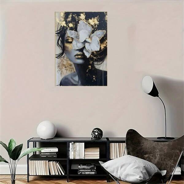 1 Pc Optional Frame Posters Wall Arts Modern Gold And White Floral Portrait Canvas Art Prints, Perfect For Decorating Living Rooms, Bedrooms, And Offices, Perfect Holiday Gifts, Living Room Art, Modern Wall Art ﻿