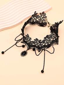 1pc Black Crown Pendant Choker, Gothic Lace Necklace Collar Choker - Black - View 2