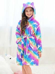 Tween 女童彩虹星空独角兽 3D 耳朵连帽毛绒浴袍家居服 - 彩色 - 查看 1