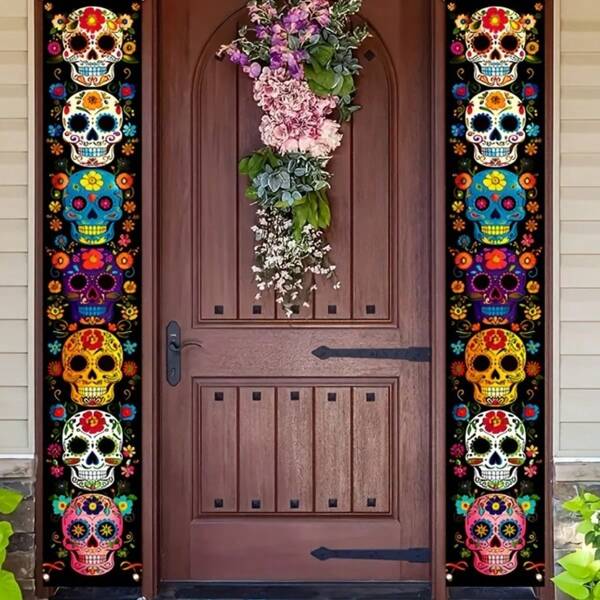 1 stuk Dag van de Doden schedel deurbanner - 1 set, levendig polyester materiaal, multifunctioneel, culturele decoratie voor Halloween en Dag van de Doden, geen elektriciteit vereist