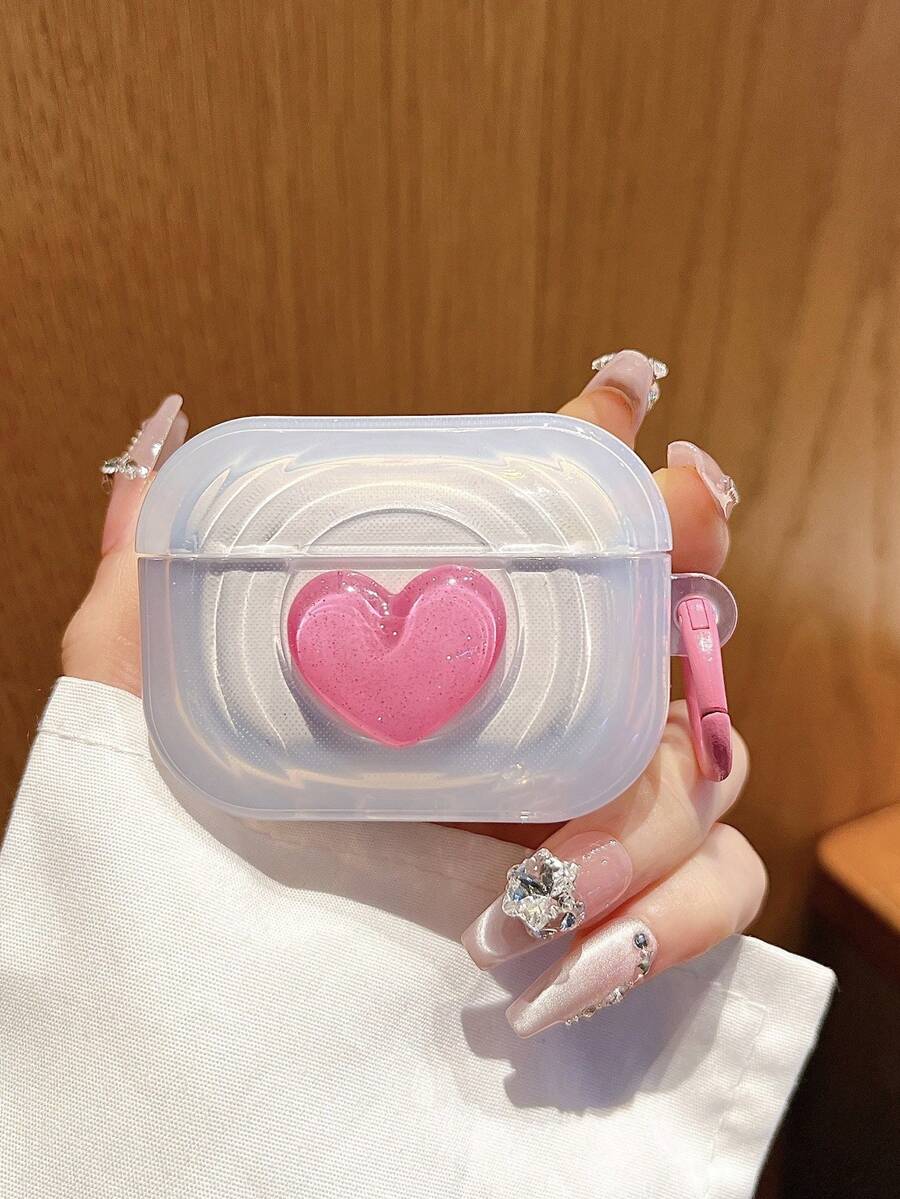 1pc Bluetooth Earphone Case, Pink Heart Design Transparent Striped Square Protective Cover, Suitable For AirPods Pro/Pro2/1/2/3/4