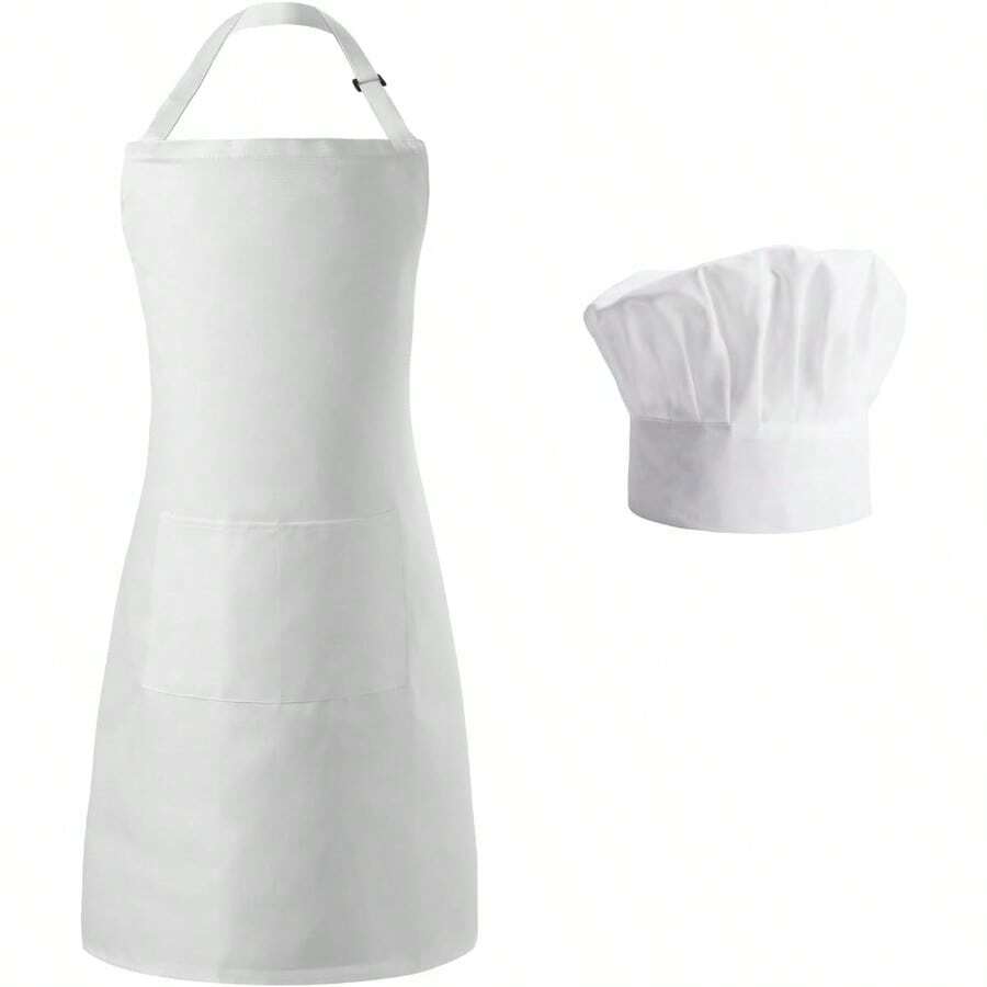 Tosewever Chef Apron Hat Set For Women And Men Adjustable Bib Apron With 2 Pockets Costume Apron For Father Kitchen Cooking - trắng - Xem 1