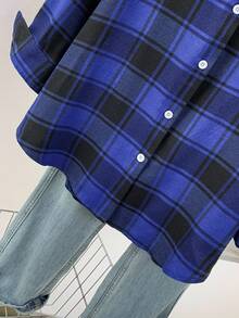 Women's Simple Plaid Print Long Sleeve Shirt, Suitable For Summer, Autumn And Spring - Blue - View 5