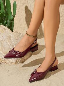 女式尖头粗跟绒面革高跟鞋，带后绑带，透气包头高跟露跟鞋，适合夏季 - 酒紅色 - 查看 2
