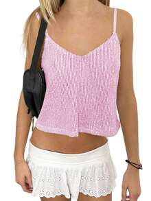 Women Y2k Sequin Sparkly Cami Top Sleeveless Backless Flowy Glitter Crop Tank Top Summer Going Out Tops Streetwear Light - Pink - View 1