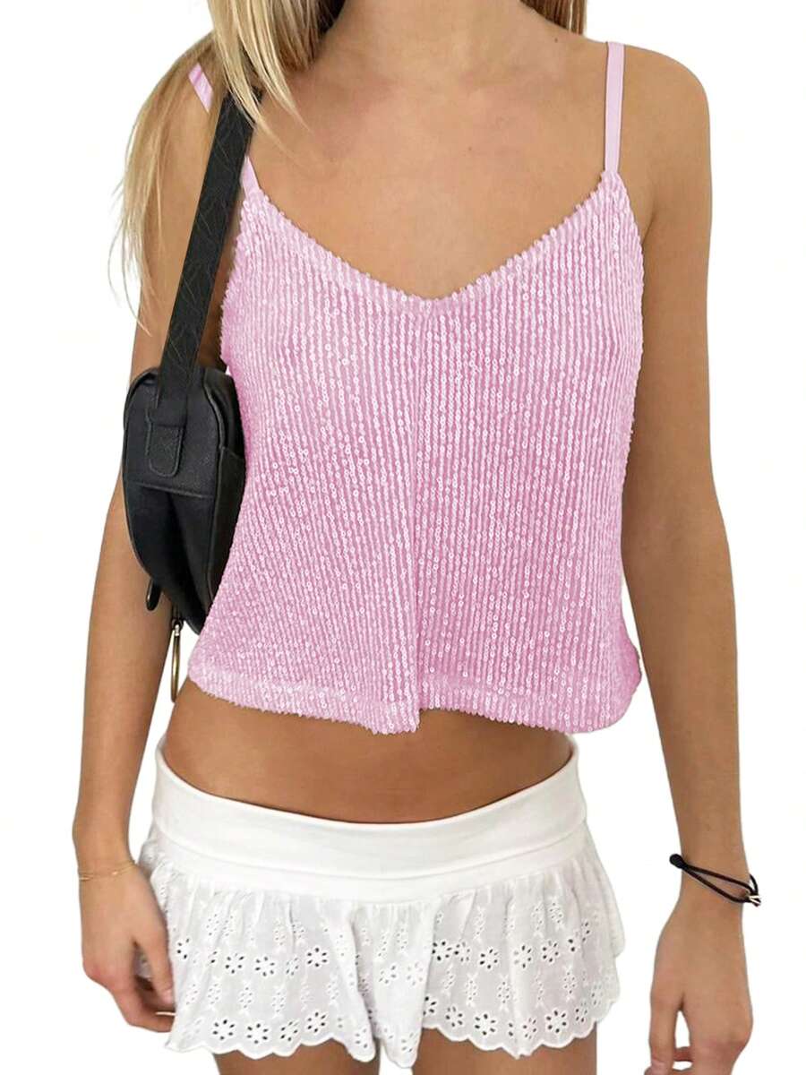 Women Y2k Sequin Sparkly Cami Top Sleeveless Backless Flowy Glitter Crop Tank Top Summer Going Out Tops Streetwear Light - Pink - View 1