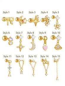 1 Peça Brincos Pingente de Lua e Estrela de Prata Esterlina S925, Brincos de Rosca de Pino de Orelha Cartilagem