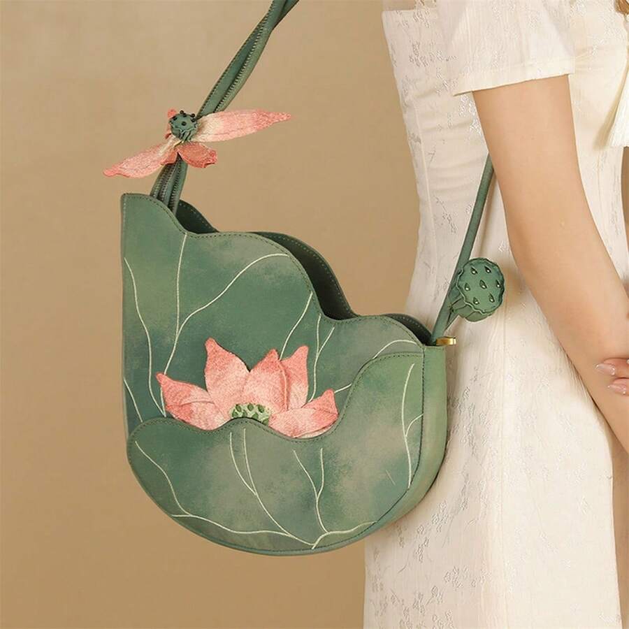 Charming Floral Lotus Embroidered Shoulder Bag, Decorative Vintage Bohemian Tote With 3D Flower Accent, For Daily Wear, Casual Outings, Parties, Travel, And Rustic Aesthetic Accessories - Green - View 1