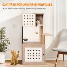 OMCPET Cat Tree Large Cat Tower With Litter Box Enclosure, All-In-One Cat Tower For Indoor Cats With Cat Bed, Food Bowl Station, Scratching Posts And Openable Cabinet Doors, Modern Style Pet Furniture, Cat Condo For Adult Cats Kittens - Grey - View 5
