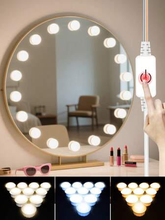 LED-skönhetslampa för damer, 3 färger, USB-omkoppling, sminkbord, 5V, beröringssensor, steglös dimning, professionell spegelskåp, sminkbord, vägglampa, inomhus, toalett, badrum, garderob, sovrum, nattlampor, justerbar ljusstyrka, flimmerfritt, ögonskydd, heminredning, nattbelysning (roterande krymptrådar), 2/6/10/14 glödlampor, vit/rosa