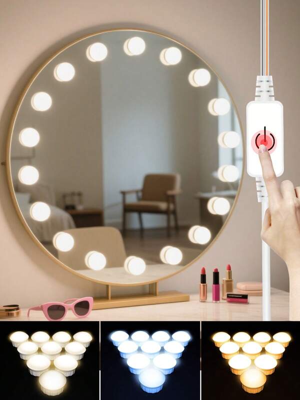 مصباح جمال LED للسيدات 3 ألوان قابل للتبديل، مصباح طاولة تجميل بمفتاح لمس USB 5 فولت، قابل للتعتيم بشكل متدرج، مرآة احترافية لإضاءة المكياج، إضاءة حائط للحمام والغرفة والحمام الخاص، أضواء ليلية قابلة للتعديل، حماية للعين بدون وميض، إضاءة ديكور ليلي منزلي (أسلاك قابلة للتدوير) 2/6/10/14 مصباح أبيض/وردي