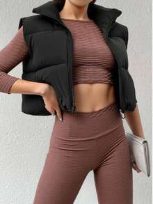 Abrigo corto acolchado Chaqueta corta holgada de algodón negra para mujer, cálida y cómoda, adecuada para uso diario en invierno. - Negro - Ver 5