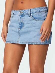 Women Light Blue Washed Casual Simple Denim Mini Skirt - Light Wash - View 3