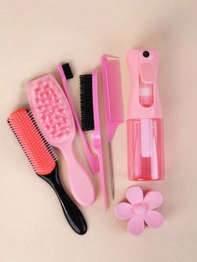 7pcs Hair Styling Tools Hair Comb (200ml Transparent Spray Bottle) Set, With Unknot Brush Set Comb, 9 Row With Edge Comb, Tail Comb, Edge Brush, Rat Tail Comb, Silicone Scalp Massager, Shower Brush, Hair Spray Bottle, Flower Gripper, Hair Styling Tools, Travel Essential, Suitable For All Kinds Of Hair Comb(Pink,Purple,Black), Hair Styling Kit, Hair Tool Kit, Hairstyling Set, Hair Accessories
