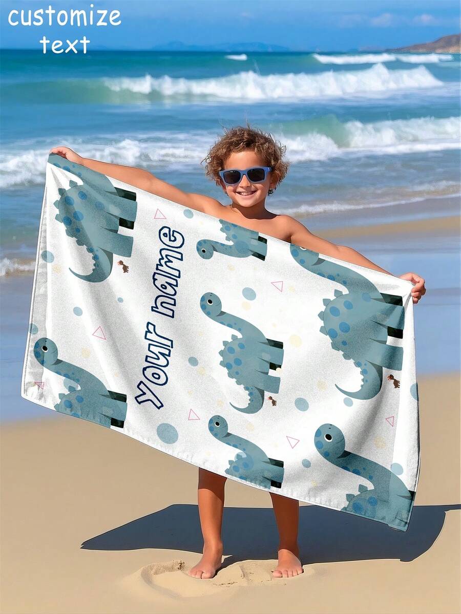 1 pieza Toalla de playa con patrón de dinosaurio y texto personalizado, toalla de baño para niños, toalla de piscina, toalla de baño, regalo de vacaciones, esencial de playa, viaje al aire libre, adecuado para playa, piscina, baño, pabellón de natación, equipaje de mano - Multicolor - Ver 1