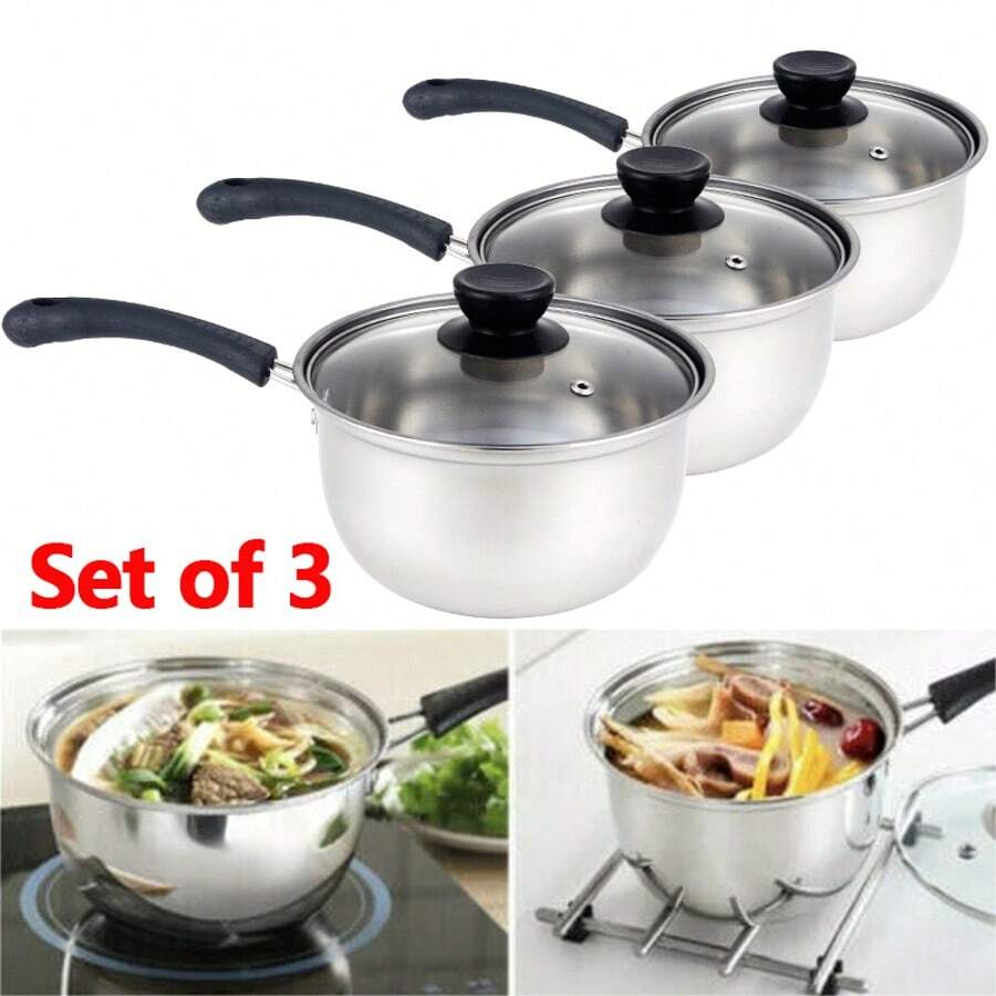 3 X Saucepan Set Stainless Non Stick Induction New Deep Saucepan Sets Pots Pans - Silver - View 1