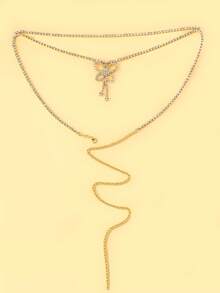 1pc Fashionable Sexy Silver Double-Layer Butterfly Waist Chain, Rhinestone Tassel Hollow Beach Waist Chain - Gold - View 2