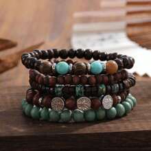 5pcs/Set Vintage Simple Fashion Elastic Cool Bracelet, Wood Bead & Coconut Shell Bracelet, Suitable For Men/Women/Couples' Daily Casual & Commuting Decoration
