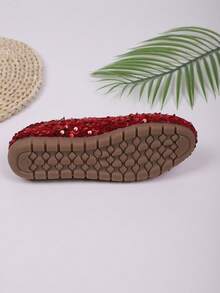 女士休闲平底亮片鞋，圆头一脚蹬平底鞋，适合日常穿着、宴会和派对 - 紅色 - 查看 10