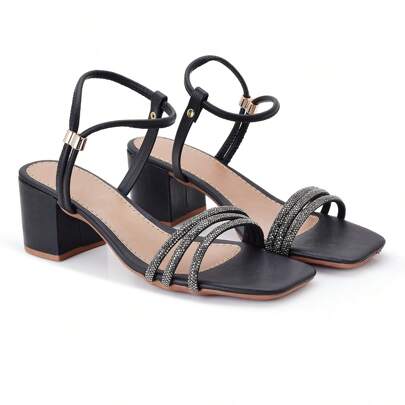 Sandália Feminina Salto Alto Elegante Bloco Brilho tira única Strass Brilho