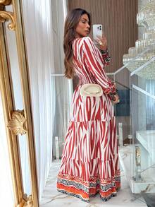 Women's Evangelical Dress With Long Sleeves In Viscose Fabric, Autumn/Winter - Đỏ và trắng - Xem 2