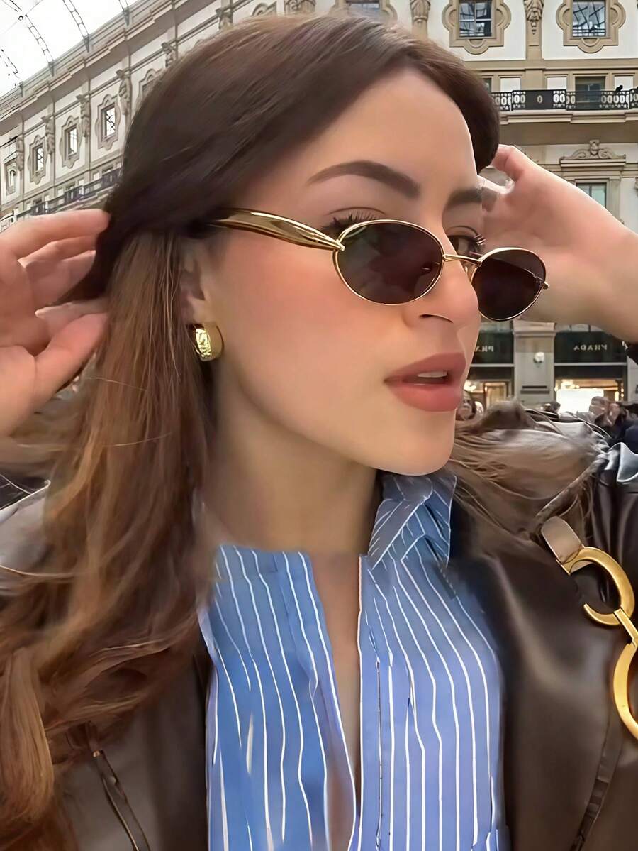 1pc Small Frame Oval Metal Fashion Glasses Advanced Retro Personalized Versatile Men And Women's Fashion Glasses Suitable For Daily Wear Street Photography Vacation Travel Summer Beach Accessories - 黑色 - 查看 1