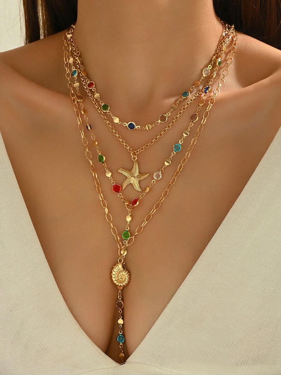 Bộ 4 chiếc/Bộ dây chuyền chữ Y đính đá pha lê nhiều màu thời trang thanh lịch với mặt dây chuyền hình sao biển và vỏ sò, thích hợp đeo hàng ngày, du lịch, tiệc tùng, lễ hội âm nhạc - Nhiều màu - Xem 1