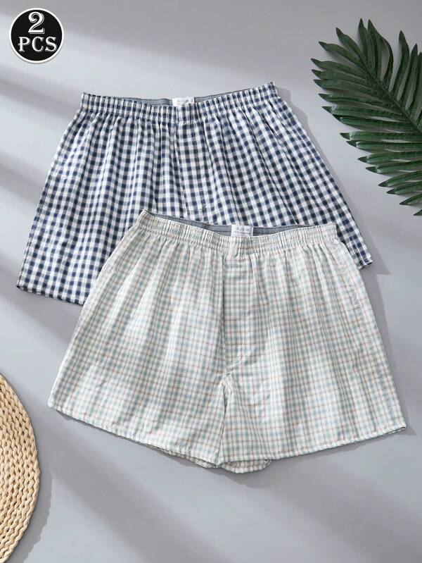 2pcs/Pack Men's Breathable Elastic Waist Plaid Print Boxer Shorts, Loose Fit Casual Underwear
