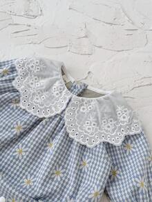 Baby Girl Cute Ditsy Floral Ruffle Collar Bodysuit, Spring/Autumn - Blue - View 10