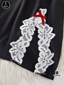 2pcs Plus Size Women Lace Nightgown & G-String Set, Black Lace Spaghetti Strap Sexy Deep V Backless Lingerie Sleepwear With Stretchy G-String