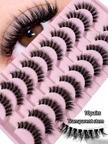 LYBCG 10Pairs Manga Natural Wispy False Eyelashes - Clear Band Faux Mink Lashes Cat-Eye Shape, Natural Look For Cosplay Manga Everyday Glam - Reusable, Comfortable, Beginner Friendly - 黑色 - 查看 1