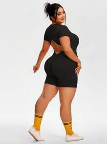 TCVC Plus Size Women's Seamless Fashionable Backless Short Sleeve Jumpsuit, Breathable & Comfortable Sleeveless Halter Neck Bodysuit, High Stretch Tight Tummy Control Slimming Fit, Knit Fabric Skin-Friendly Moisture-Wicking, European & American Street Style, Suitable For Outdoor Walking, Shopping, Travel, Work